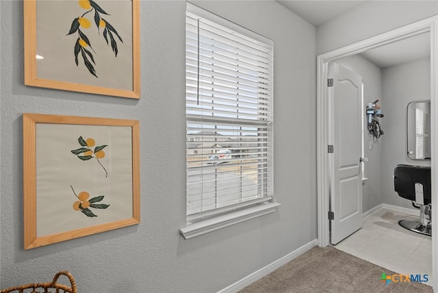 interior space featuring carpet flooring and baseboards