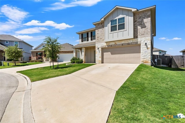 view of front of property featuring board and batten siding, driveway, a garage, stone siding, and cooling unit