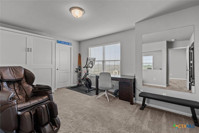 carpeted home office with baseboards, plenty of natural light, and a textured ceiling