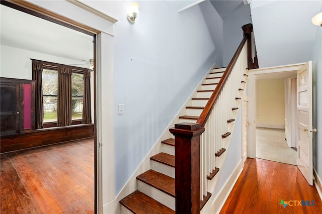 stairway featuring wood-type flooring and ceiling fan