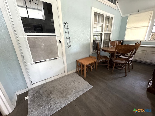 dining area featuring dark wood-type flooring