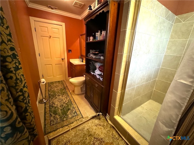 bathroom featuring walk in shower, toilet, and ornamental molding