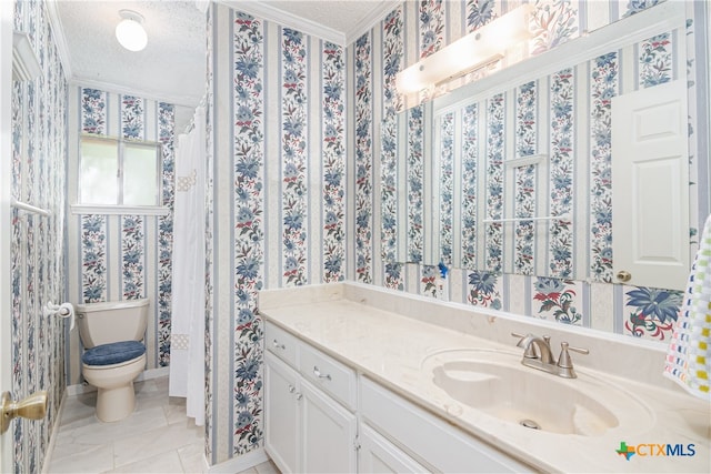 bathroom featuring toilet, vanity, a textured ceiling, and ornamental molding