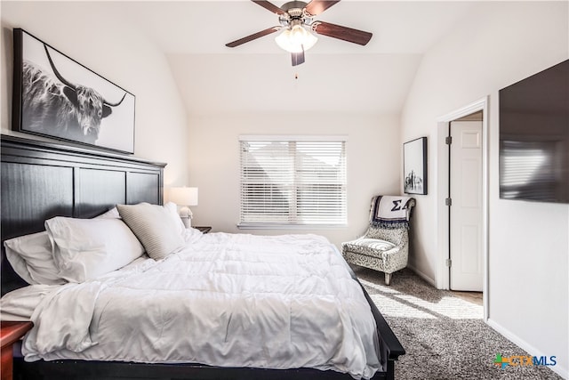 bedroom featuring carpet floors, ceiling fan, and vaulted ceiling