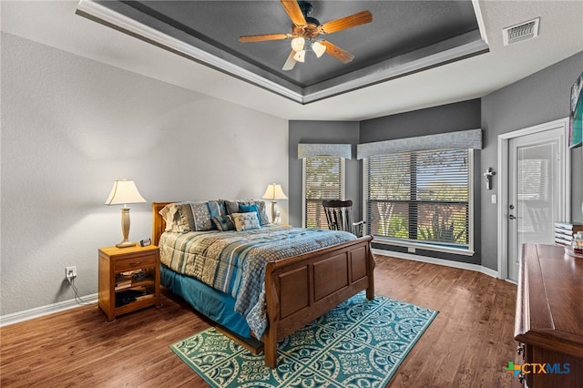 2299 Sun Chase Blvd, New Braunfels, TX 78130 - bedroom with a raised ceiling, wood finished floors, and a ceiling fan