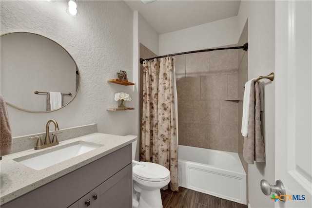 6010 Ballast Trl, New Braunfels, TX 78132 - full bath with wood finished floors, vanity, toilet, and shower / bathtub combination with curtain