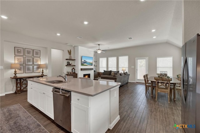 6010 Ballast Trl, New Braunfels, TX 78132 - kitchen with stainless steel appliances, a sink, a large fireplace, ceiling fan, and white cabinets