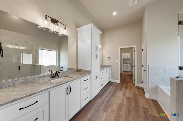 bathroom featuring shower with separate bathtub, vanity, and wood-type flooring