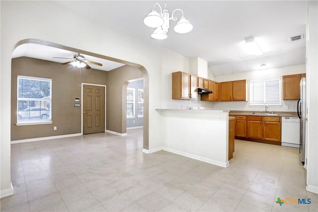 kitchen featuring sink, decorative light fixtures, dishwasher, kitchen peninsula, and ceiling fan