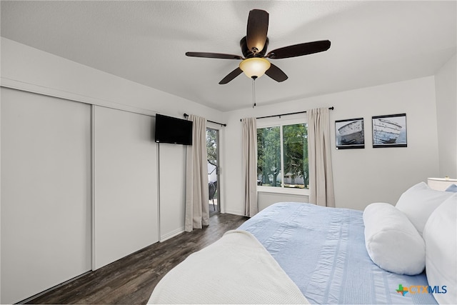 bedroom with dark hardwood / wood-style floors, ceiling fan, and a closet