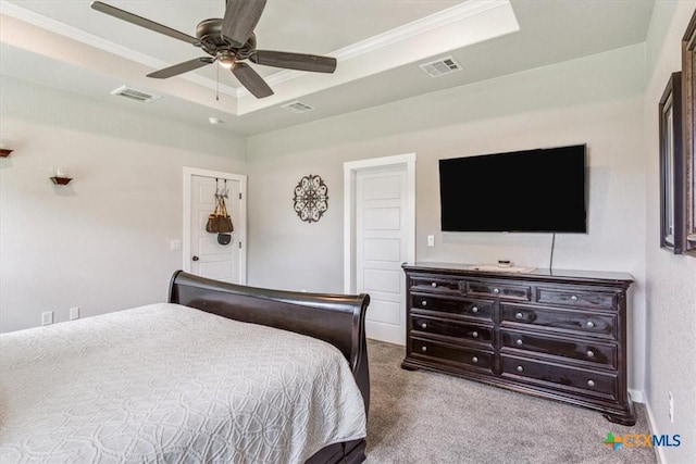 100 Metheglin Dr, Temple, TX 76502 - carpeted bedroom with crown molding, a raised ceiling, and a ceiling fan