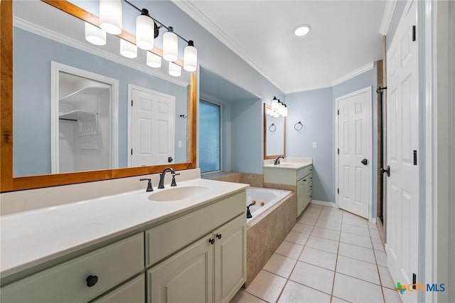 2301 Deer Trl, Lampasas, TX 76550 - bathroom with two vanities, a bath, crown molding, tile patterned floors, and a closet