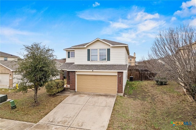 view of property with a garage, a front yard, and cooling unit