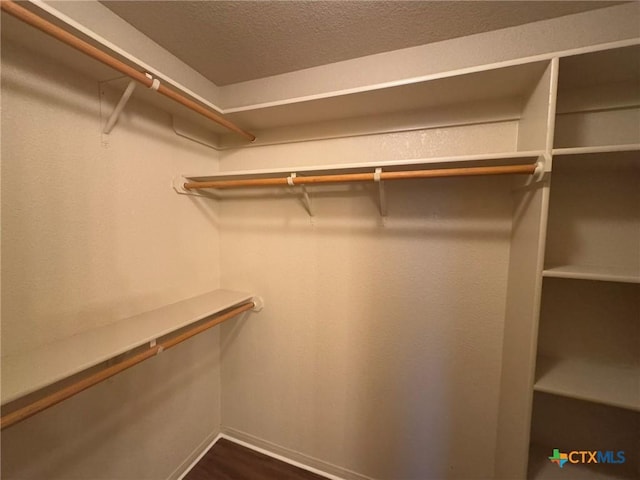 walk in closet with dark hardwood / wood-style flooring