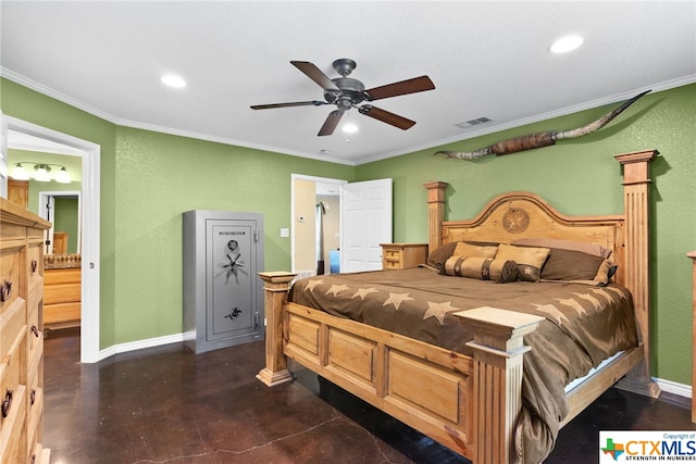 bedroom with ceiling fan and ornamental molding