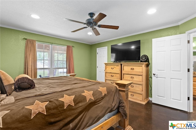 bedroom featuring ceiling fan, a textured ceiling, and crown molding