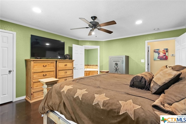 bedroom with ornamental molding, ensuite bath, a textured ceiling, and ceiling fan