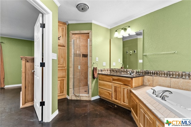 bathroom with concrete floors, crown molding, vanity, a textured ceiling, and independent shower and bath