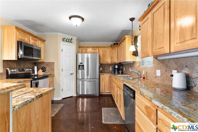 kitchen featuring stainless steel appliances, pendant lighting, light stone countertops, decorative backsplash, and sink