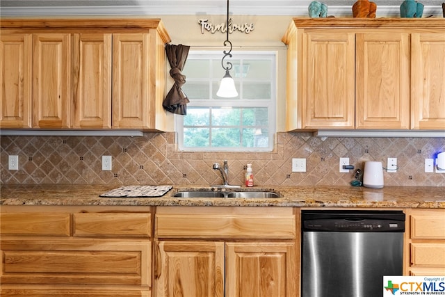 kitchen with light stone counters, decorative backsplash, hanging light fixtures, sink, and stainless steel dishwasher