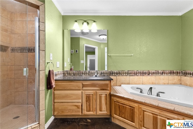 bathroom featuring vanity, separate shower and tub, and crown molding