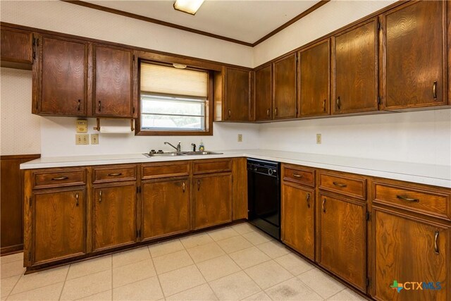 kitchen featuring dishwasher, ornamental molding, and sink