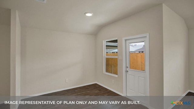 spare room with baseboards, recessed lighting, dark wood-style flooring, and vaulted ceiling