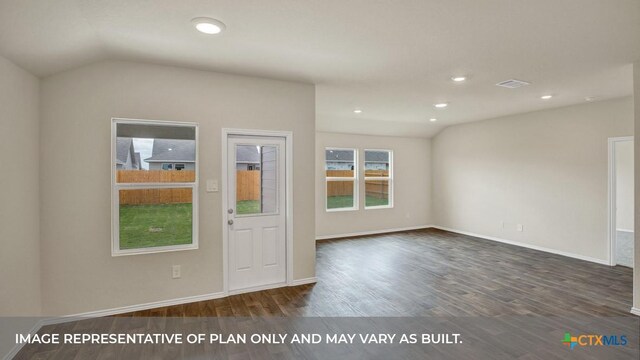 interior space featuring visible vents, baseboards, recessed lighting, vaulted ceiling, and wood finished floors