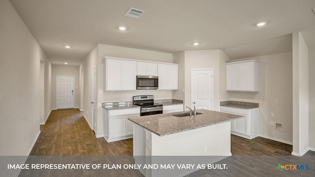 kitchen with light stone counters, a sink, visible vents, stainless steel appliances, and dark wood-style flooring