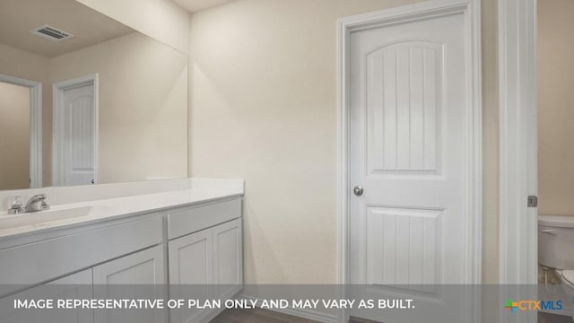 bathroom with visible vents, toilet, and vanity