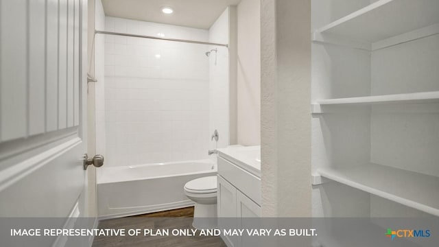 full bathroom with shower / bathing tub combination, wood finished floors, toilet, and vanity