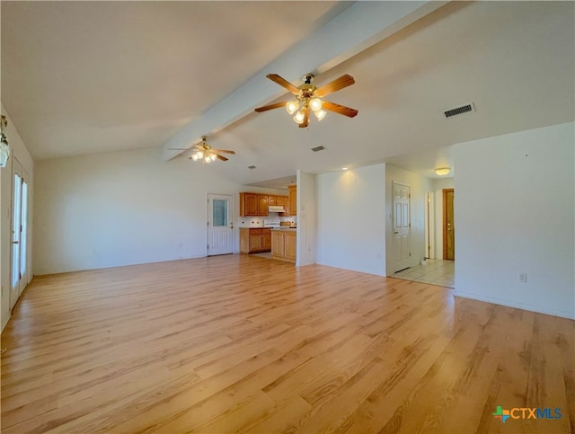 unfurnished living room featuring lofted ceiling with beams, light wood-type flooring, and ceiling fan