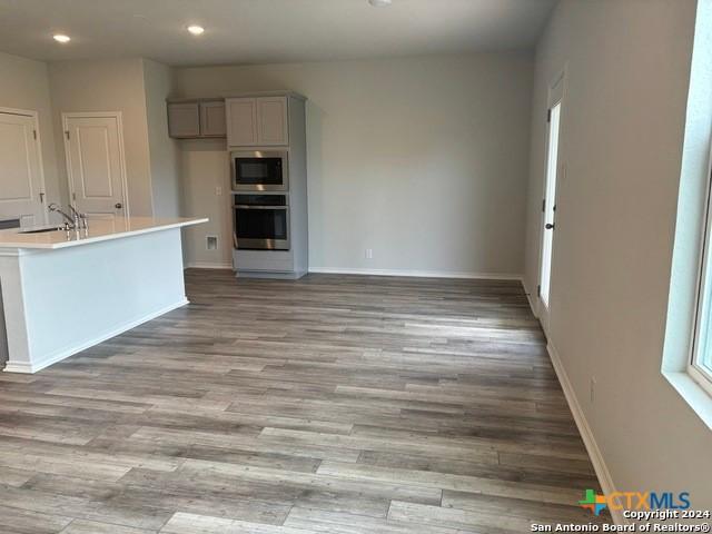 2537 Windle Ln, Seguin, TX 78155 - kitchen featuring stainless steel appliances, wood finished floors, gray cabinetry, recessed lighting, and a sink