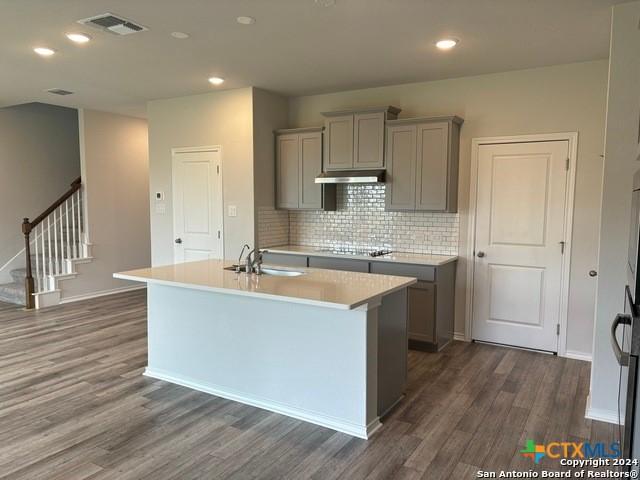 2537 Windle Ln, Seguin, TX 78155 - kitchen featuring gray cabinetry, a sink, dark wood-style floors, a center island with sink, and decorative backsplash