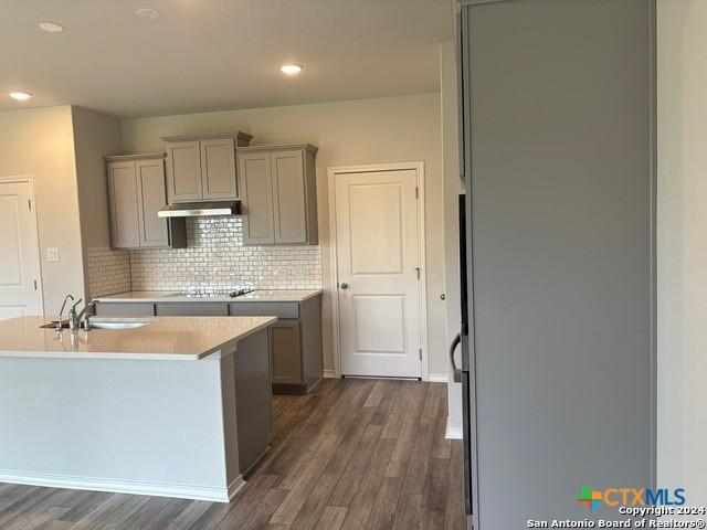 2537 Windle Ln, Seguin, TX 78155 - kitchen featuring gray cabinetry, a sink, dark wood-style flooring, under cabinet range hood, and tasteful backsplash