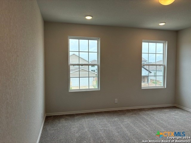 carpeted empty room with plenty of natural light and a textured ceiling