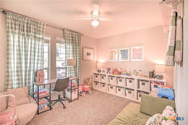 office area featuring ceiling fan and carpet flooring