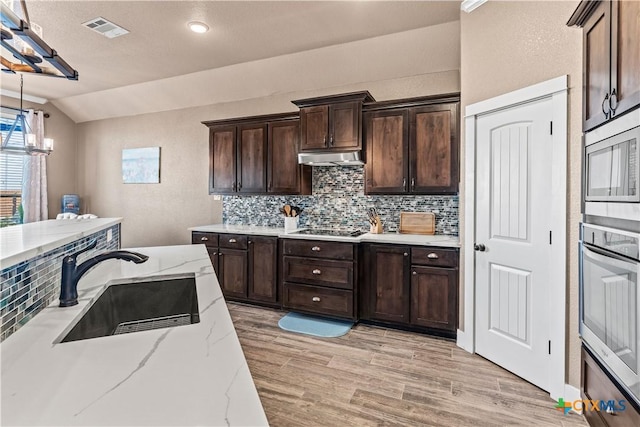 kitchen with sink, vaulted ceiling, decorative light fixtures, dark brown cabinets, and stainless steel appliances