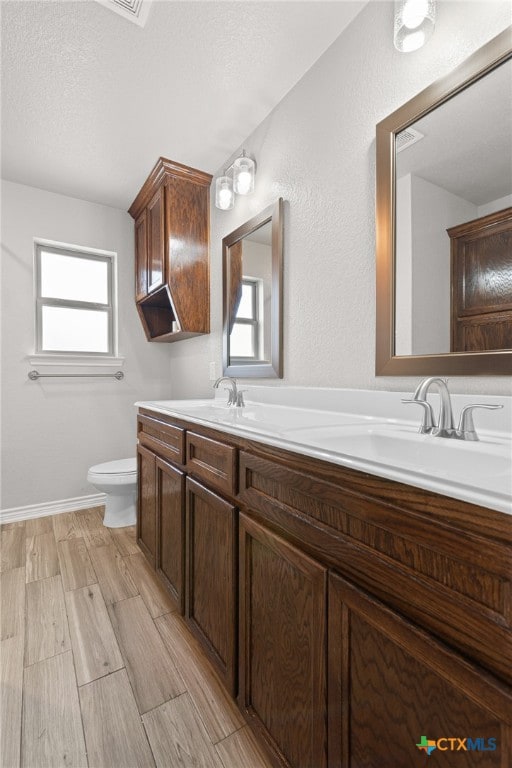 bathroom featuring toilet, vanity, and wood-type flooring