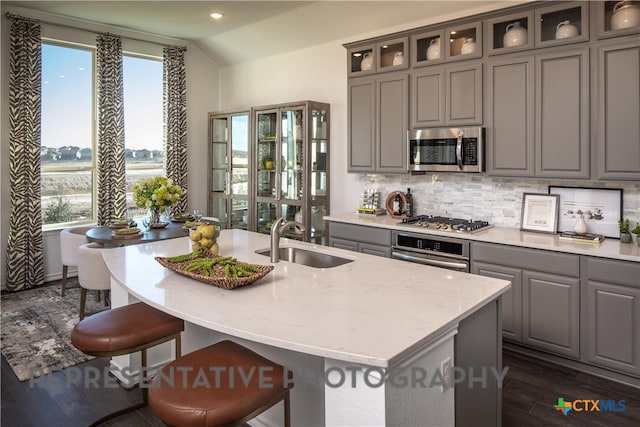 kitchen with stainless steel appliances, sink, gray cabinets, and an island with sink