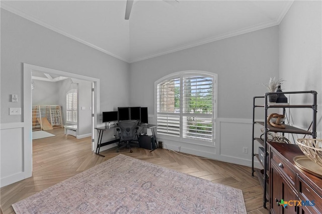 office with crown molding, ceiling fan, and wainscoting
