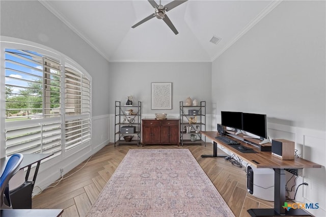 office area featuring crown molding, a ceiling fan, visible vents, and lofted ceiling