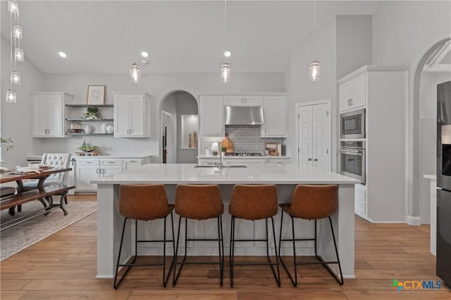 kitchen featuring a sink, arched walkways, under cabinet range hood, and appliances with stainless steel finishes