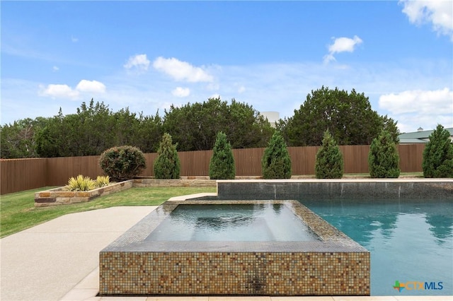 view of swimming pool featuring a fenced in pool, a fenced backyard, an in ground hot tub, and a patio