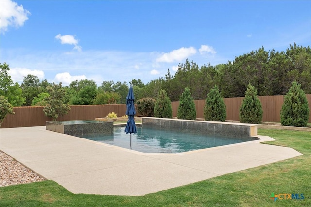 view of swimming pool with a fenced in pool, a fenced backyard, an in ground hot tub, and a patio area