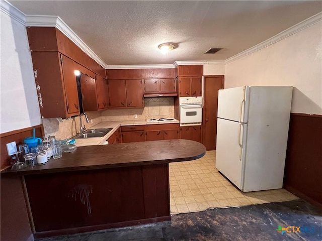 1504 E Central Ave, Temple, TX 76501 - kitchen featuring white appliances, a peninsula, ornamental molding, visible vents, and a sink