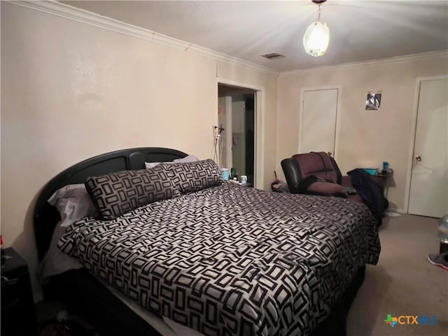 bedroom with carpet and ornamental molding