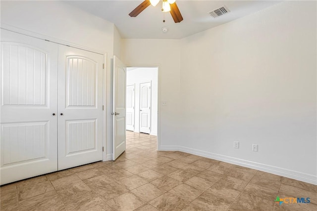 1108 Indian Mallow Dr, Temple, TX 76502 - unfurnished bedroom featuring ceiling fan, baseboards, visible vents, and a closet