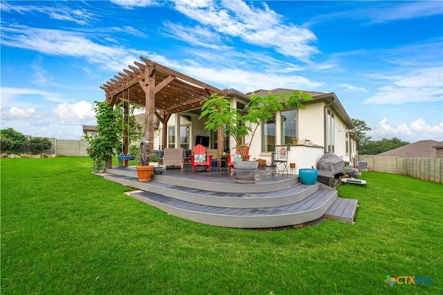 1235 Yaupon Loop, New Braunfels, TX 78132 - rear view of house with a pergola, a wooden deck, a fenced backyard, and stucco siding