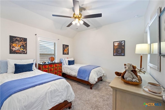 1235 Yaupon Loop, New Braunfels, TX 78132 - bedroom featuring carpet, vaulted ceiling, and ceiling fan